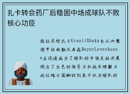 扎卡转会药厂后稳固中场成球队不败核心功臣 扎卡转会药厂后稳固中场成球队不败核心功臣