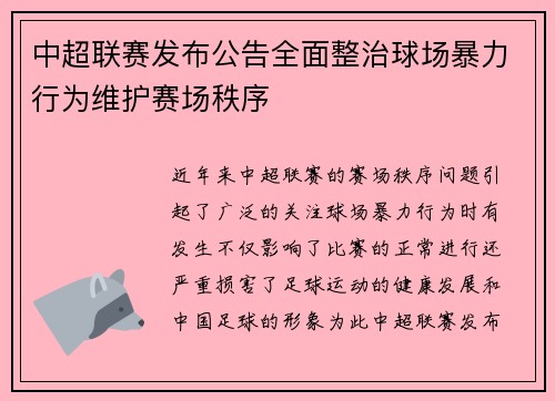中超联赛发布公告全面整治球场暴力行为维护赛场秩序